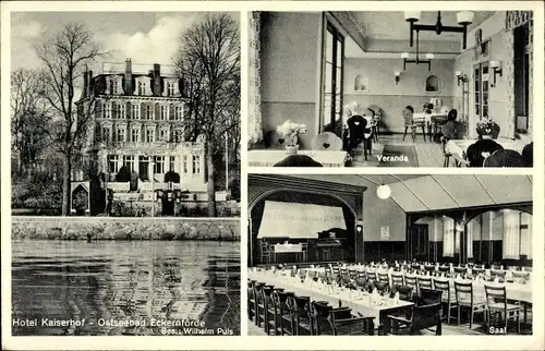 Ak Eckernförde in Schleswig Holstein, Hotel Kaiserhof, Bes. Wilhelm Puls, Veranda, Saal, Piano