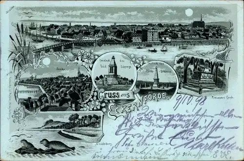 Mondschein Litho Eckernförde Schleswig Holstein, Borby, Preußers Grab, Mövenberg, Denkmäler, Robben