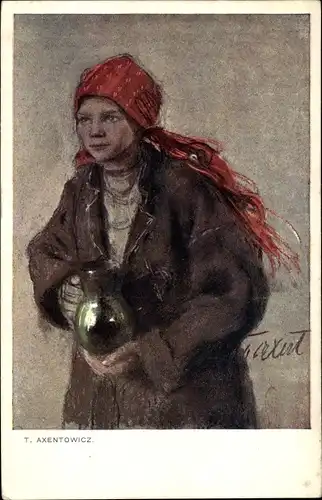 Künstler Ak Axentowicz, Teodor, Portrait eines Mädchens mit rotem Kopftuch