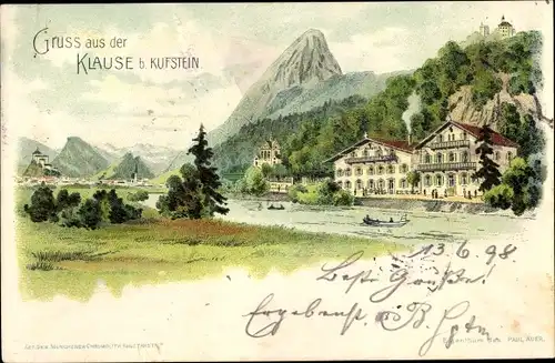 Litho Kufstein in Tirol, Gastwirtschaft Klause, Flusspartie