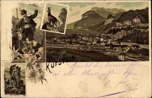 Litho Kufstein in Tirol, Panorama mit Bahnhof und Festung, Gemse, Wanderer, Teufelskanzel