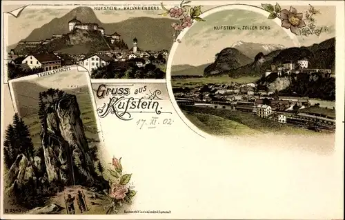 Litho Kufstein in Tirol, Panorama, Kalvarienberg, Zeller Berg, Bahnhof, Teufelskanzel
