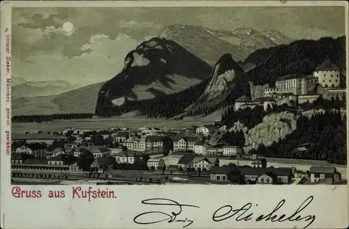 Mondschein Litho Kufstein in Tirol, Gesamtansicht der Stadt, Festung