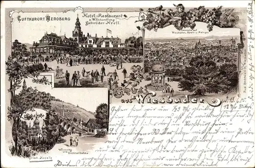 Litho Wiesbaden in Hessen, Neroberg, Restaurant der Gebrüder Krell, Tempel, Aussicht, Drahtseilbahn