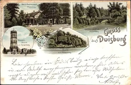 Litho Duisburg im Ruhrgebiet, Waldrestaurant Monning, Wasserturm Kaiserberg, Curtiusdenkmal, Grotte