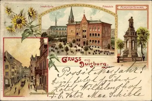 Litho Duisburg im Ruhrgebiet, Josephskirche, Mittelschule, Mercatordenkmal, Poststraße, Reichspost