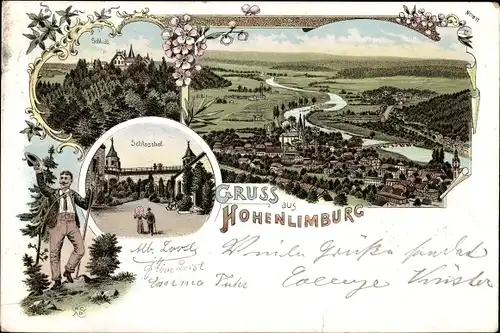 Litho Hohenlimburg Hagen Ruhrgebiet, Schloss, Schlosshof, Panorama mit Stadt und Umgebung