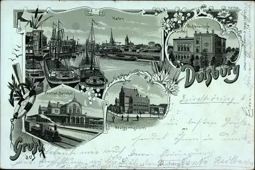 Mondschein Litho Duisburg im Ruhrgebiet, Hafen, Zentralbahnhof, Töchterschule, Realgymnasium