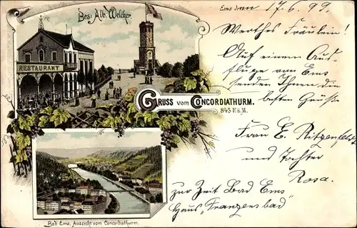 Litho Bad Ems Rhein Lahn Kreis, Concordiaturm, Restaurant v. Alb. Welcker, Aussicht über die Stadt