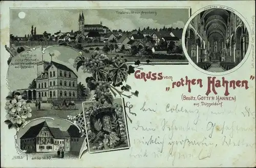 Mondschein Litho Arenberg Koblenz, Gasthaus zum roten Hahnen, Inh. Gottfr. Hannen, Kirche, Ölberg