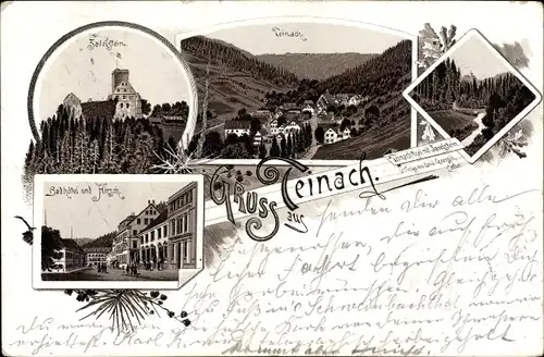 Litho Bad Teinach Zavelstein im Nordschwarzwald, Badhotel, Hirsch, Panorama, Teinachtal