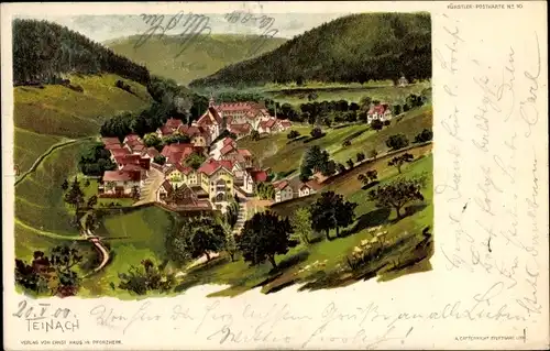 Litho Bad Teinach Zavelstein im Nordschwarzwald, Talblick auf den Ort