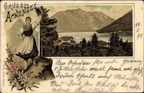 Passepartout Litho Eben am Achensee in Tirol, Seespitz, Frau in Tracht