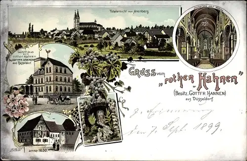 Litho Arenberg Koblenz in Rheinland Pfalz, Gasthaus zum roten Hahnen, Inh. Gottfr. Hannen, Kirche