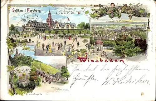 Litho Wiesbaden in Hessen, Neroberg, Restaurant der Gebrüder Krell, Panorama, Standseilbahn, Kapelle