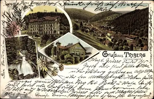 Litho Triberg im Schwarzwald, Schwarzwald Hotel, Gewerbehalle, Panorama, Wasserfall