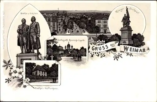 Litho Weimar in Thüringen, Goethe und Schiller Denkmal, Gartenhaus, Fürstengruft, Kriegerdenkmal