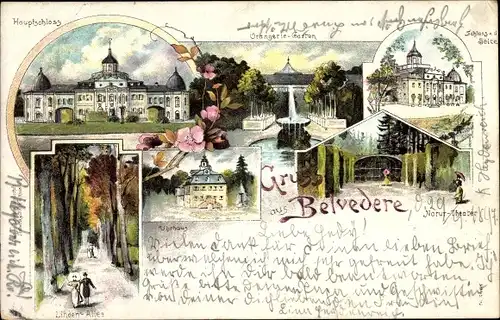 Litho Weimar in Thüringen, Schloss Belvedere, Orangeriegarten, Uhrhaus, Naturtheater, Allee