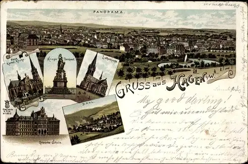 Litho Hagen in Westfalen Ruhrgebiet, Panorama, Kirche, Kriegerdenkmal, Gewerbeschule, Dahl 