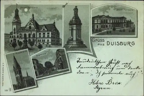 Mondschein Litho Duisburg, Neues Rathaus, Städtische Tonhalle, Merkatordenkmal, Königsstraße, Kirche