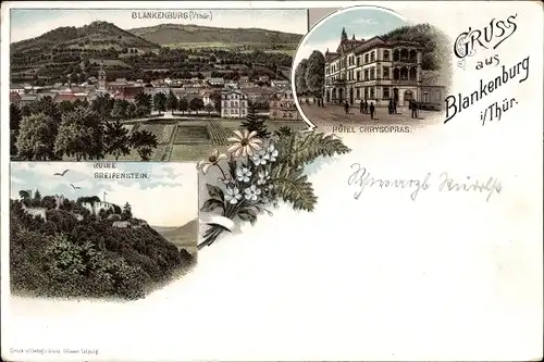 Litho Bad Blankenburg Kreis Saalfeld Rudolstadt, Hotel Chrysopras, Ruine Greifenstein, Gesamtansicht