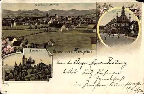 Litho Kempten im Allgäu Schwaben, Panorama vom Lotterberg, Rathaus, Burghalde