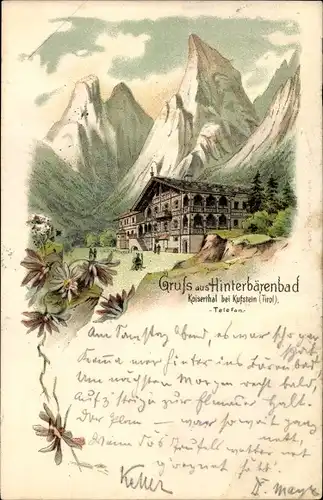 Litho Hinterbärenbad Sölden in Tirol, Hotel im Kaisertal, Berggipfel