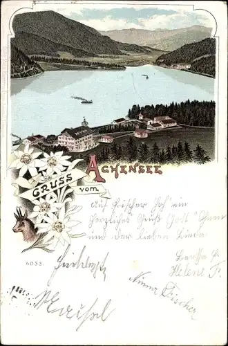 Litho Eben am Achensee in Tirol, Talblick auf den Ort und den See