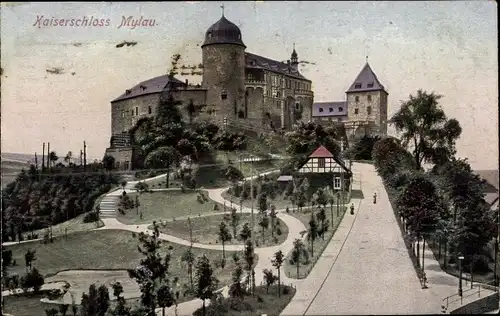 Ak Mylau im Vogtland, Straßenpartie mit Blick auf das Kaiserschloss