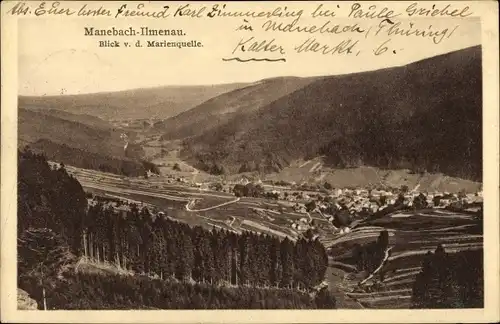 Ak Manebach Ilmenau Thüringen, Blick von der Marienquelle zum Ort, Felder, Wald