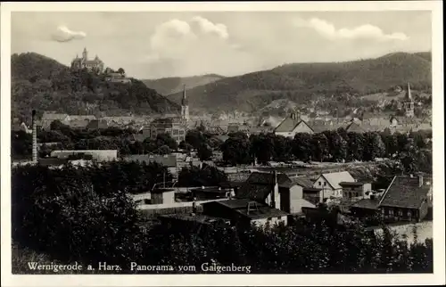 Ak Wernigerode am Harz, Panoramaansicht der Ortschaft vom Galgenberg aus, Schloss