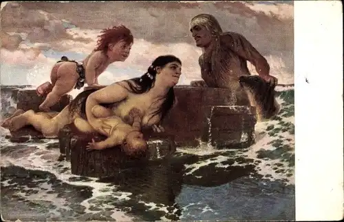 Künstler Ak Böcklin, Arnold, Meeresidylle, Dunkelhaarige Frau mit Kindern und Mann im Wasser