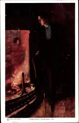 Künstler Ak Dewey, Alfred James, Fireligth Fancies, Mann sieht Frauenportrait im Feuerschein