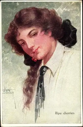 Künstler Ak Gnischaf, Ruab, Ripe cherries, Portrait einer brünetten jungen Frau mit Kirschen im Mund