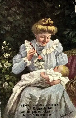 Künstler Ak Gerstenhauer, Johann Georg, Frau mit Baby, Rassel