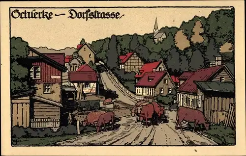 Steindruck Ak Schierke Wernigerode am Harz, Dorfstraße, Kühe