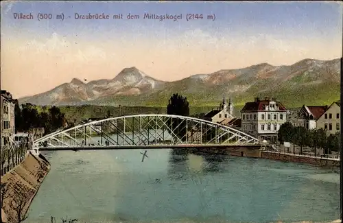 Ak Villach in Kärnten, Draubrücke mit dem Mittagskogel