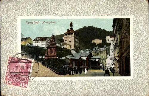 Passepartout Ak Karlovy Vary Karlsbad Stadt, Marktplatz, Denkmal