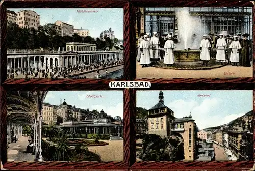 Ak Karlovy Vary Karlsbad Stadt, Mühlbrunnen, Sprudel, Stadtpark, Teilansicht