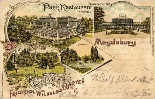 Litho Magdeburg in Sachsen Anhalt, Parkrestaurant Friedrich Wilhelm Garten, Inh. Albert Kleinau