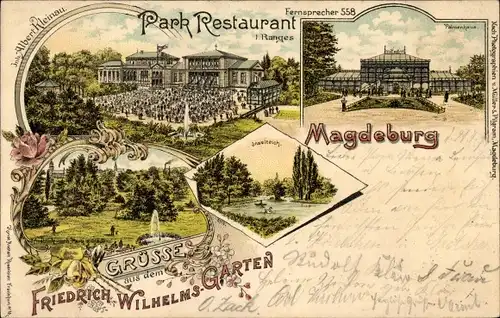 Litho Magdeburg in Sachsen Anhalt, Friedrich Wilhelm Garten, Parkrestaurant, Inh. Albert Kleinau