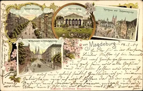 Litho Magdeburg in Sachsen Anhalt, Kaiserstraße, Herrenkrug, Rathaus, Johanniskirche, Wilhelmstraße
