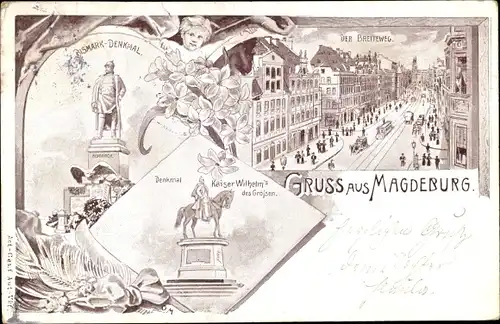 Litho Magdeburg in Sachsen Anhalt, Bismarck Denkmal, Kaiser Wilhelm Reiterdenkmal, Breiteweg