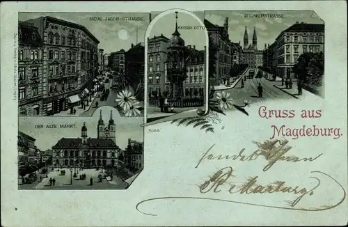 Mondschein Litho Magdeburg in Sachsen Anhalt, Neue Jacob Straße, Kaiser Otto Denkmal, Wilhelmstraße