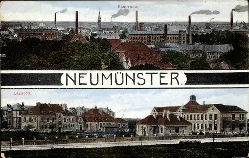 Ak Neumünster in Schleswig Holstein, Panorama von der Stadt und vom Lazarett