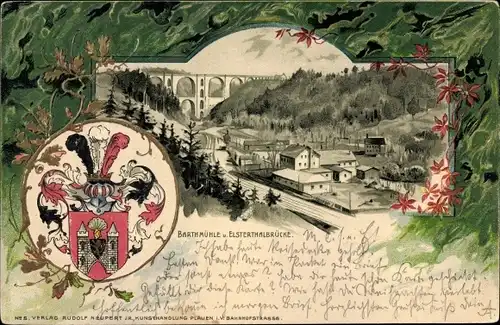 Präge Wappen Passepartout Litho Barthmühle Pöhl im Vogtland, Elstertalbrücke, Viadukt, Gleise