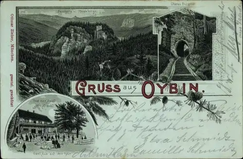 Mondschein Litho Oybin in Sachsen, Panorama vom Pferdeberg, Oberes Burgtor, Gasthaus auf dem Oybin