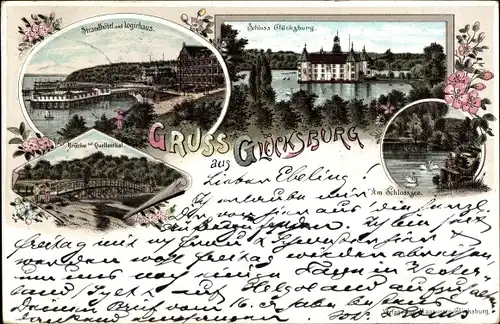 Litho Glücksburg in Schleswig Holstein, Strandhotel, Logierhaus, Schloss, Brücke bei Quellental