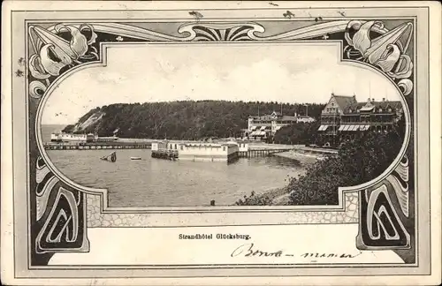 Passepartout Ak Glücksburg in Schleswig Holstein, Blick auf das Strandhotel, Badeanstalt
