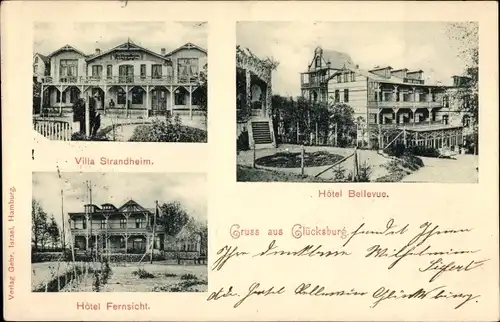 Ak Glücksburg in Schleswig Holstein, Villa Strandheim, Hotel Bellevue, Hotel Fernsicht